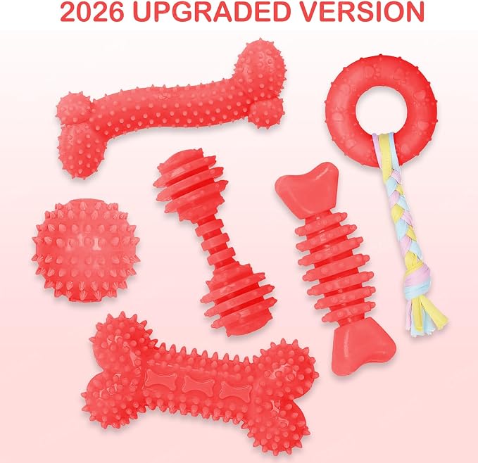 6 Pack Red Dog Chew Toys, Small Dog Teething Toys, Dental Health & Interactive Play