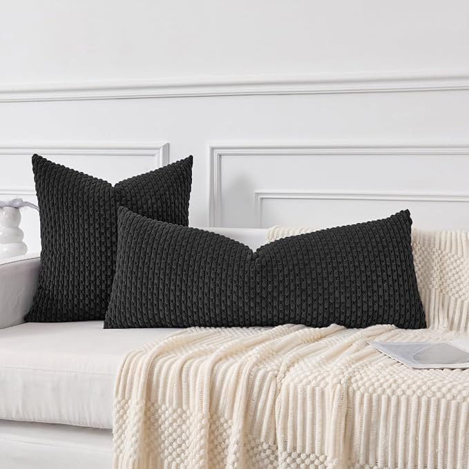 Kevin Textile Soft Corduroy 14"x36" Lumbar Pillow Cover 1 Pack, Black | Boho Stripe Plush Corduroy Decorative Oblong Cushion Cover Modern Farmhouse Home Decor for Sofa Couch Bed Chair