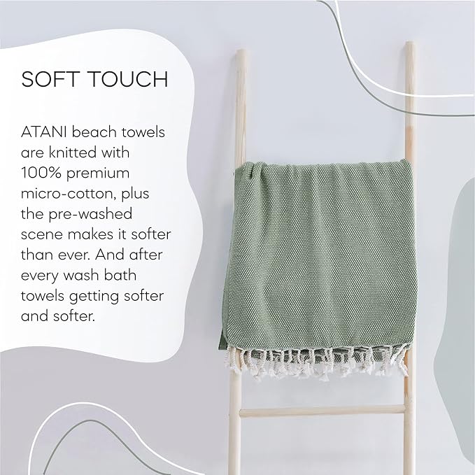 ATANI 69x35 in Oversized Turkish Beach Towel Set with Tote Bag – Quick-Dry 100% Turkish Cotton Peshtemal, Sand-Resistant, Lightweight for Shower, Travel, Pool, Yoga (Green)