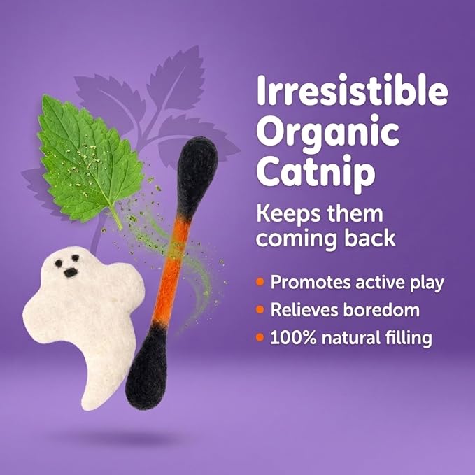 Glaciart One Halloween Cat Toys with Catnip – 7 Pack Felt Swab Cat Toys + Ghost Toy, Interactive Wool Cat Toys for Indoor Cats & Kittens, Handmade Natural Catnip Toys for Chase, Chew & Play