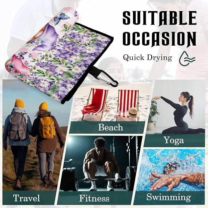Blue Purple Gnomes Golf Towel with Clip, Spring Hydrangea Flower Leaf Pink Plaid Large Microfiber Women Men Sports Work Out Disc Golf Bag Towel for Yoga, Gym, Fitness, Swimming Towels Accessory
