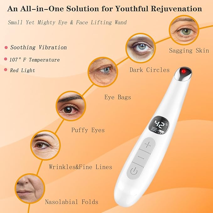 3 in 1 Eye Lift Wand, Vibrating 98°F to 113°F LCD Display Screen Massager for Dry Eyes, Dark Circles, Puffiness, Fine Lines and Wrinkles, Cream White
