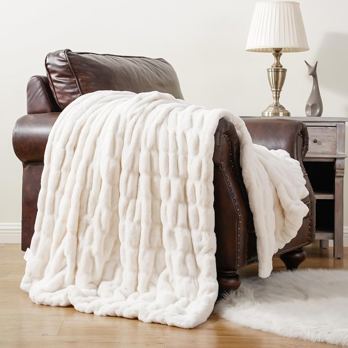 BATTILO Soft Ivory Faux Fur Throw Blanket for Couch, 50"x60", Double Side