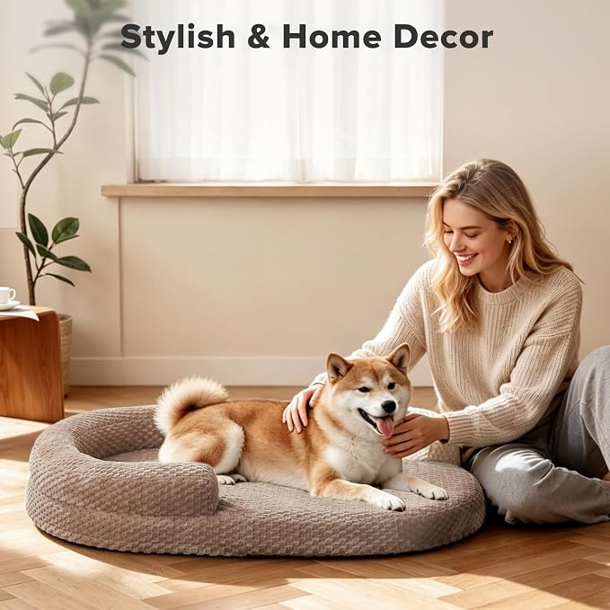 JOEJOY Orthopedic Dog Bed Medium Size Dogs, Waterproof Washable Oval Dog Beds with Removable Cover, Egg-Crate Memory Foam Pet Bed with Bolster Sides & Non-Skid Bottom, Brown, 28''x20''