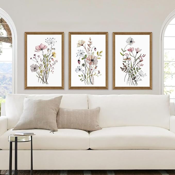 WRFON Framed Botanical Canvas Wall Art Set of 3, Watercolor Floral Prints, Framed Flower Wall Decor for Bedroom Bathroom Living Room, 20x30 Inch Each