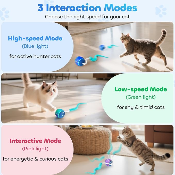 Interactive Cat Toy Ball for Indoor Cats with 3-Mode Touch Activated | Tangle-Free Tail, Rechargeable, 2 Tails, 6-8H Play Automatic Moving Cat Toy, Smart Rolling Ball for Indoor Cats to Chase Play