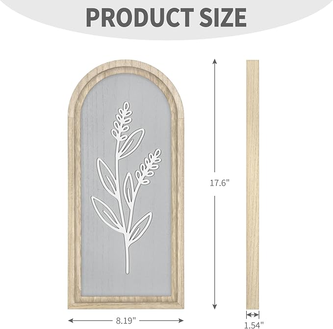 Gray Bathroom Wall Decor Set of 2, Arched 3D Wooden Floral Wall Art Panels | Raised white floral cutouts in arched frames, ready to hang; neutral boho farmhouse decor for bedroom, hallway and entryway