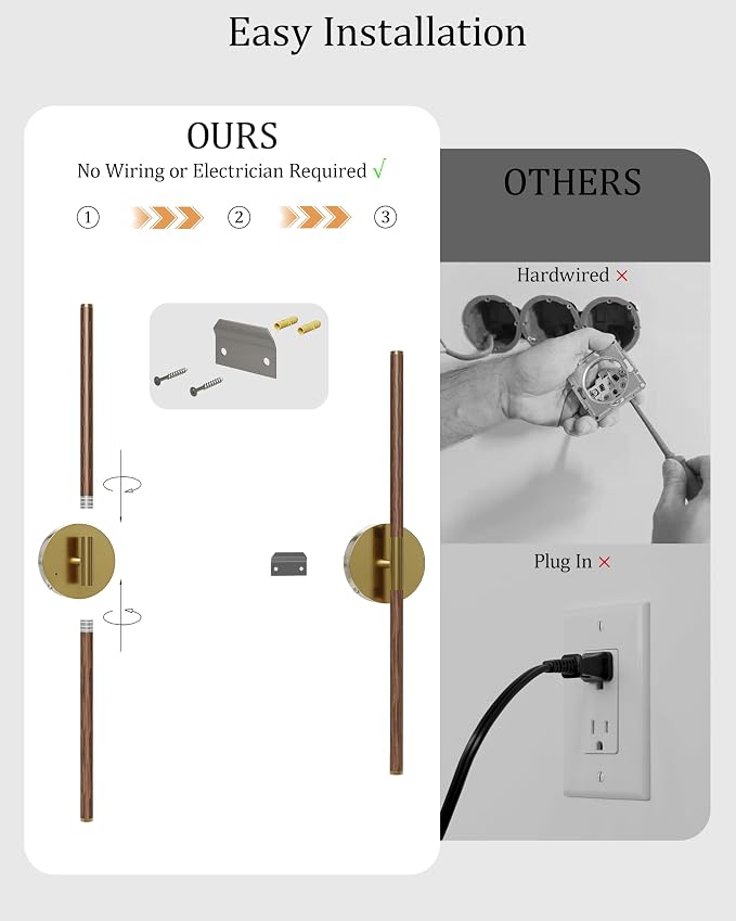 40" Battery Operated Wall Sconce Set of 2, 350° Rotating Lamp, Walnut Gold | Wireless, 8000mAh Rechargeable Battery, Stepless Dimming, 3000K-6000K, Remote & Touch Control, Timer, Living Room, Bedroom