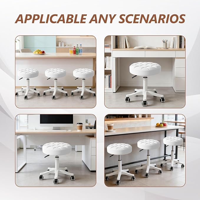 Small Rolling Stool with Wheels, PU Leather Height Adjustable Vanity Work Task Stool, 360 Swivel, Padded Seat Cushion, for Salon, Home, Office