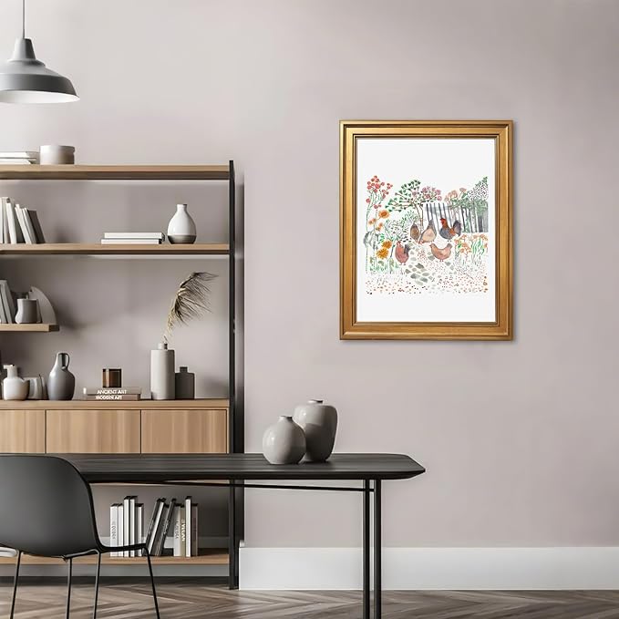 Framed Cottagecore Chicken Wall Art Painting Farmhouse Hens Print Rustic Country Farm Illustration Picture Poster Vintage Pastoral Canvas Artwork Aesthetic Cottage Home Kitchen Room Decor 16x24inch