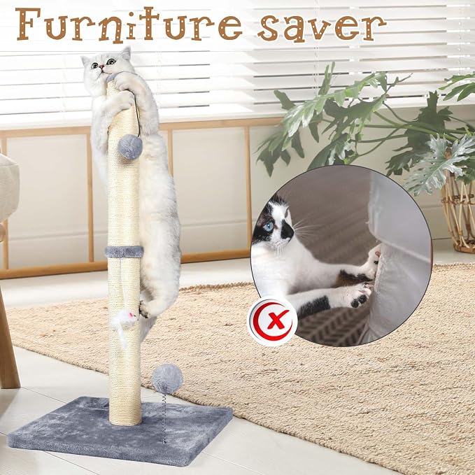 ANWA 32" Tall Sisal Cat Scratching Posts Tree for Indoor Cats Adults, Gray | Sisal Cat Scratcher, Small Space, Cat Post with Dangling Plush Toys for Indoor Cats, 15.7" Stable Base, Cat Furniture