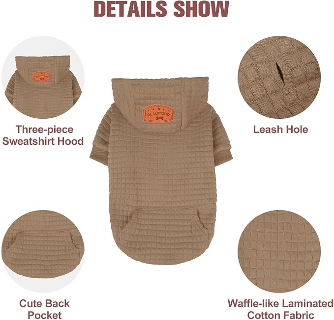 BEAUTYZOO Small Dog Hoodie Sweater with Pockets, Dog Clothes for Small Medium Dogs Boy Girl, Waffle-Like Laminated Cotton Pet Coats with Hat and Leash Hole, Khaki XXS