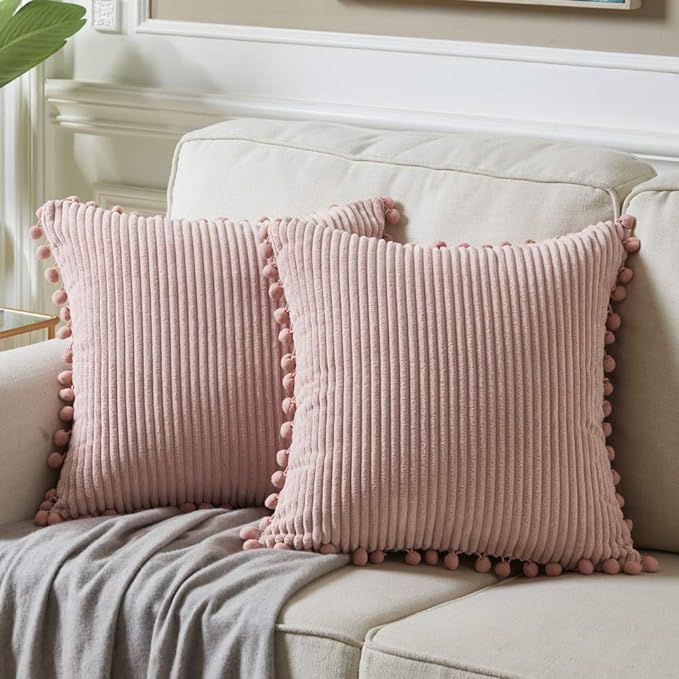 Fancy Homi Pack of 2 Decorative Throw Pillow Covers 20x20 with Pom-poms, Soft Corduroy Solid Square Cushion Pillow Cases Set for Couch Sofa Bedroom Car Living Room (20x20 Inch/50x50 cm, Blush Pink)