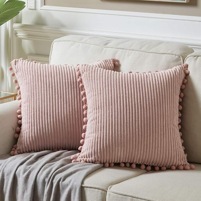 Fancy Homi Set of 2 Blush Pink Decorative Throw Pillow Covers 12x12 Inch with Pom-poms for Couch Bed Sofa, Modern Farmhouse Boho Home Decor, Soft Plush Corduroy Cute Cushion Case 30x30 cm