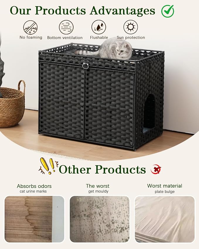 SETVSON Cat Litter Box Enclosure Furniture, Hidden PE Rattan, Black | Large Double-Door PE Rattan Kitty House, Fits Large Covered Litter Boxes, 2 Litter Mats, 2 S-Hooks, Metal Frame