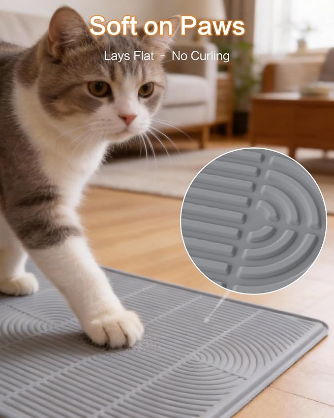 Extra Large Cat Litter Mat XL, 47" x 35", Silicone Waterproof | Traps litter, Easy to clean, Vacuum & wipe off, Waterproof backing, Non-slip design, Soft on paws