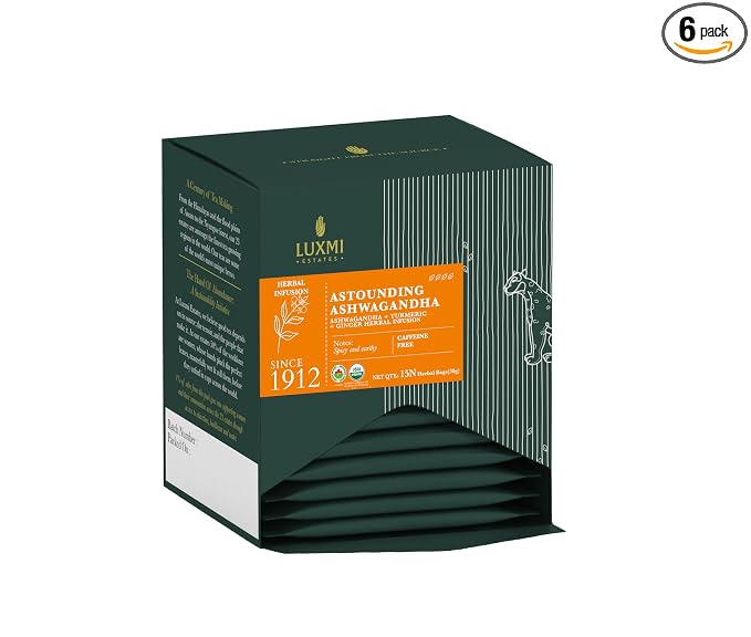 Luxmi Estates Ashwagandha Adaptogen Tea, 90 Biodegradable Tea Bags (Pack of 6 Boxes, 15 ct Each, 180g/6.35oz Total) | USDA Organic Blend with Ashwagandha, Turmeric, Ginger, Lemongrass, Licorice & Moringa, Caffeine-Free