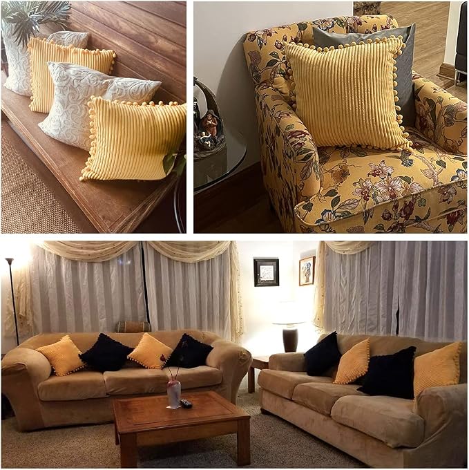 Fancy Homi Pack of 2 Yellow Decorative Throw Pillow Covers 20x20 with Pom-poms, Soft Corduroy Accent Solid Square Cushion Cases Set for Couch Sofa Bedroom Car Living Room (20x20 Inch/50x50 cm, Yellow)