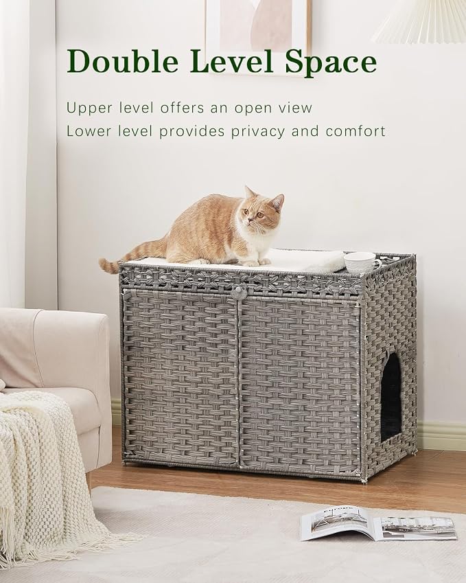 SETVSON Cat Litter Box Enclosure Furniture, Handwoven PE Rattan, Gray | Large Double-Door PE Rattan Kitty House, Fits Large Covered Litter Boxes, 2 Litter Mats, 2 S-Hooks, Metal Frame