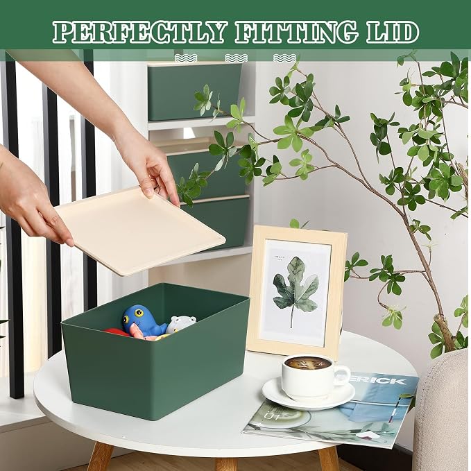 4 Pcs Storage Bins with Lids Plastic Stackable Containers for Classroom Room Organizing Shelves Christmas Ornament Box Baskets(Green,Small)