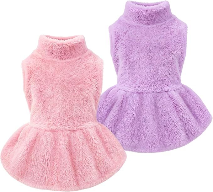 Idepet Winter Dog Dress 2 Pack, Puppy Pet Skirt Small Dogs Girl Clothes | Warm Coral Fleece, Machine Washable, for Indoor Daily Wear, Outdoor Walking, Halloween Christmas Holiday Gift, Easy On & Off