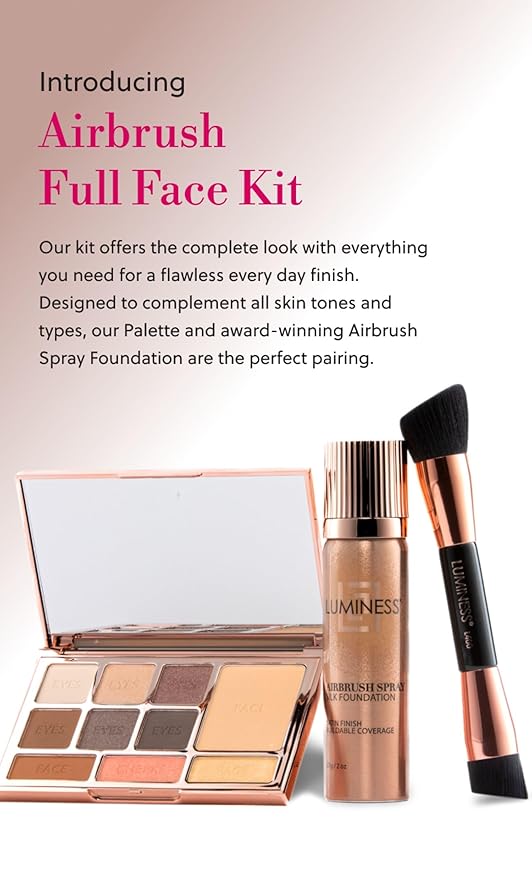LUMINESS Face Time All In One Makeup Kit - Includes Face Palette, Airbrush Foundation, and Makeup Brush - Long-Wearing, Silky, Soft, Easy to Blend, 3-PC Make Up Set (13 - Deep)