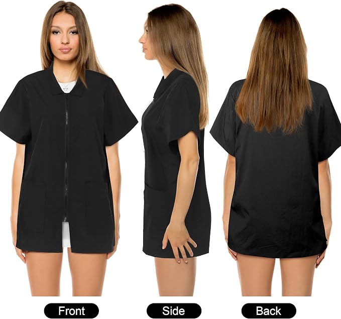 MCEAST 2 Pack Pet Grooming Work Clothes Black Pet Groomer Uniforms with Full Zipper Water Resistant and Anti-Static Pet Smock Clothes Pet Shop Smock Jacket for Women Men Pet Groomer Barber, Medium