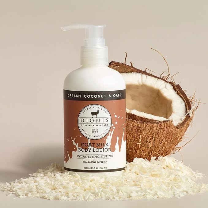 Dionis Goat Milk Skincare Creamy Coconut & Oat 8.5oz Hydrating Body Lotion and 3.3oz Hand & Body Moisturizing Travel Size Cream Bundle, Natural Ingredients, Made in the USA, Cruelty Free, Paraben Free