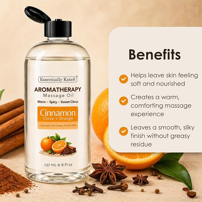 Aromatherapy Massage Oil – Cinnamon, Clove & Orange – Lightweight, Non-Greasy Body Oil with Fractionated Coconut Oil – Warming, Uplifting – 8 fl oz