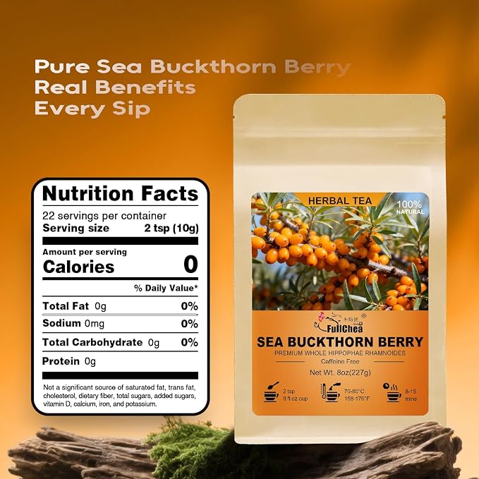 FullChea - Sea Buckthorn Berry, 8oz/227g – Whole Dried Sea Buckthorn Tea, Superfood Berries – High in Vitamin C & Antioxidants for Immune and Skin & Heart Health Support