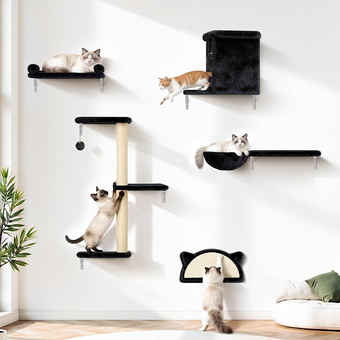 5-in-1 Cat Wall Shelves, Solid Wood Cat Wall Furniture Set for Indoor Cats | 44 lb per Shelf, 72-Hour Load Tested, Pre-Drilled, Fits 16 in. Stud Drywall & Solid Walls, for Small to Medium Cats