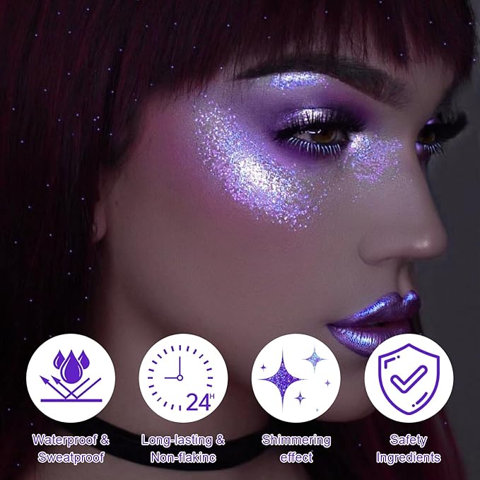 Roll-on Holographic Body Glitter Gel for Face and Hair, Chameleon Color Changing Glitter Gel Under Light, Chunky Mermaid Sequins Festival Party Rave Accessories Body Shimmer Makeup (Purple)