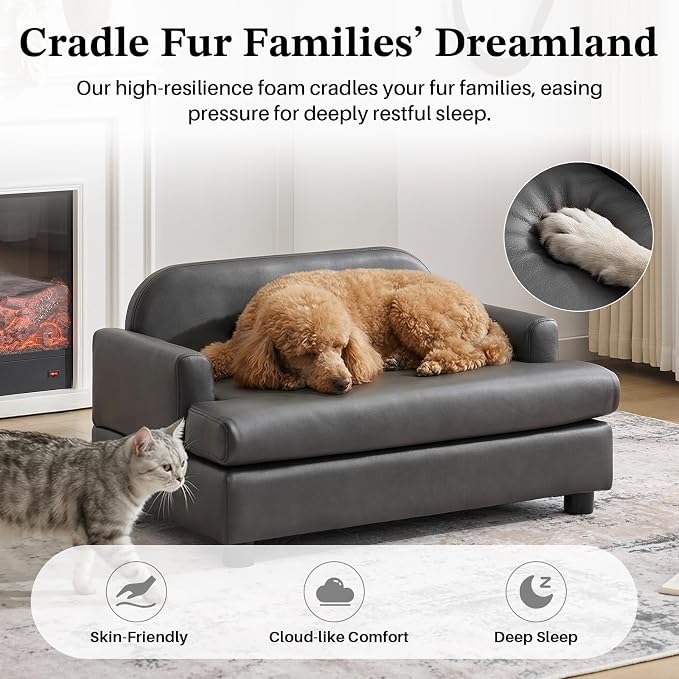 Luxury Dog Sofa Bed Elevated Pet Couch with Durable Waterproof Leather | Dog Couch with Orthopedic Sponge, Modern Furniture Style Dog Lounge & Pet Bedside Step, for Small/Medium Dogs/Cats, Gray