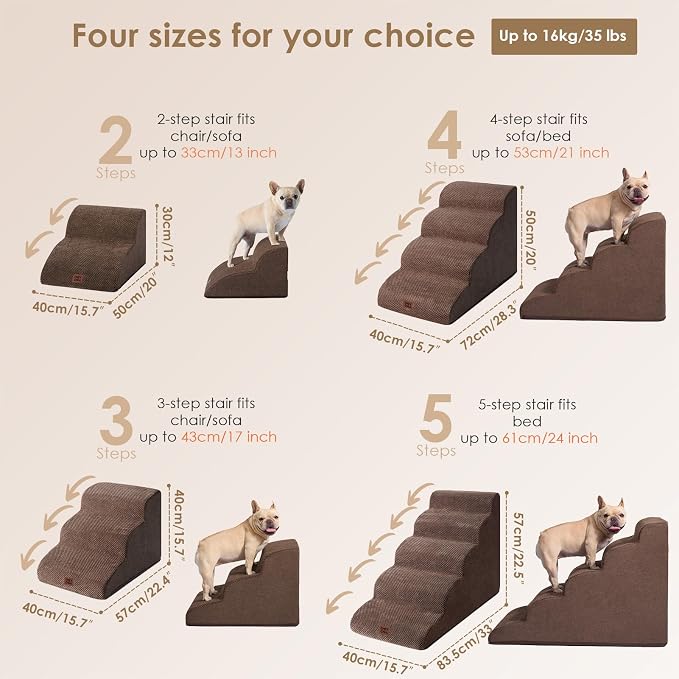 EHEYCIGA Curved Dog Stairs Ramp, 3-Step Dog Steps, 15.7" H Pet Step | 33D density of pure foam, for Small Dogs and Cats, Pet Stairs for High Bed Climbing, Non-Slip Balanced Indoor, Brown