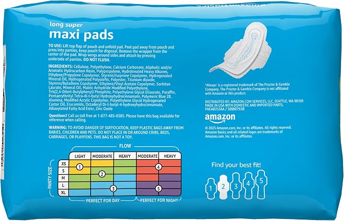 Amazon Basics Feminine Maxi Pads with Flexi-Wings for Periods, Long Length, Super Absorbency, Unscented, Size 2, 32 Count, 1 Pack (Previously Solimo)