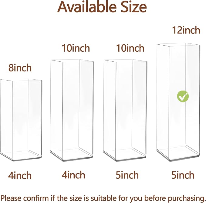 Acrylic Square Flower Vase, Non-breakable Vase, 5" x 5" x 12" Tall Clear Vases for Flower, Large Cube Floral Plant Container, Planter Terrarium for Wedding Party Event, Home Office Decor