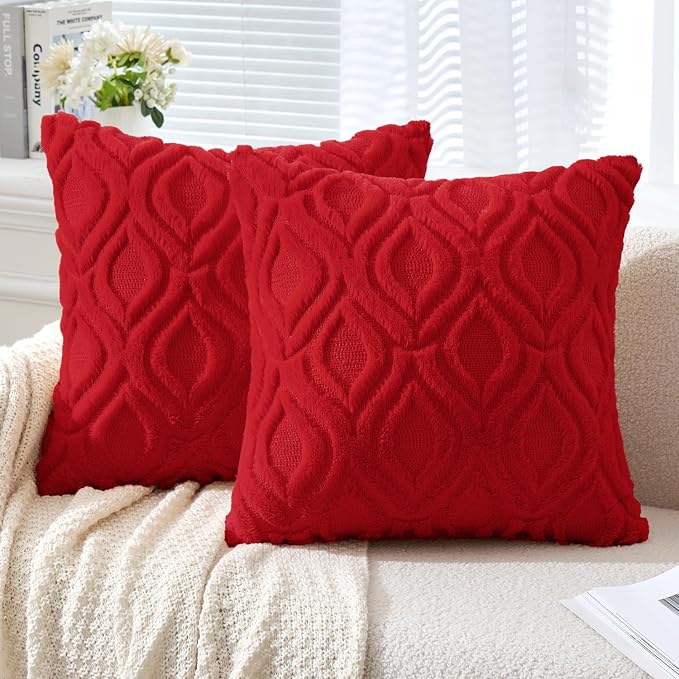 MIULEE Red Soft Plush Faux Wool Throw Pillow Covers 18x18 | Set of 2, Farmhouse Boho Home Decor, Decorative Cushion Covers for Sofa, Living Room, Bed
