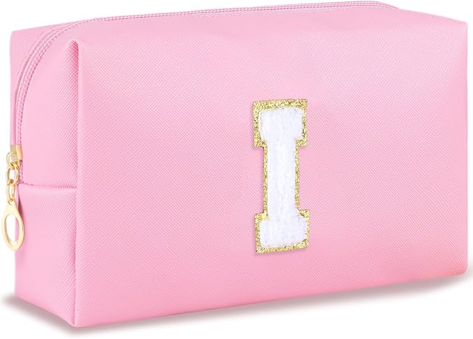 URSKYTOUS Initial Makeup Bag Personalized Preppy Travel Small Cosmetic Bag Cute PU Pink Chenille Letter Makeup Pouch for Purse Waterproof Zippered Toiletry Organizer for Women Girls Kids Friends (I)