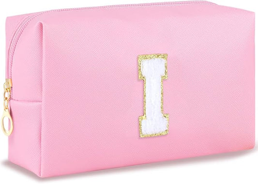 URSKYTOUS Initial Makeup Bag Personalized Preppy Travel Small Cosmetic Bag Cute PU Pink Chenille Letter Makeup Pouch for Purse Waterproof Zippered Toiletry Organizer for Women Girls Kids Friends (I)