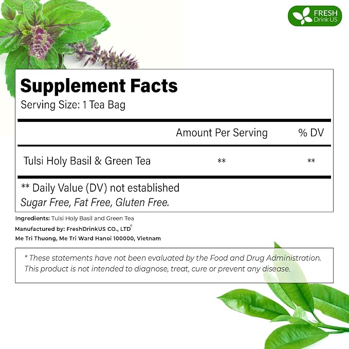 FreshDrinkUS, Premium 55 Tulsi Green Tea Bags, 100% Natural & Pure, Herbal Tea, No Sugar, No Caffeine, No Gluten, Vegan.