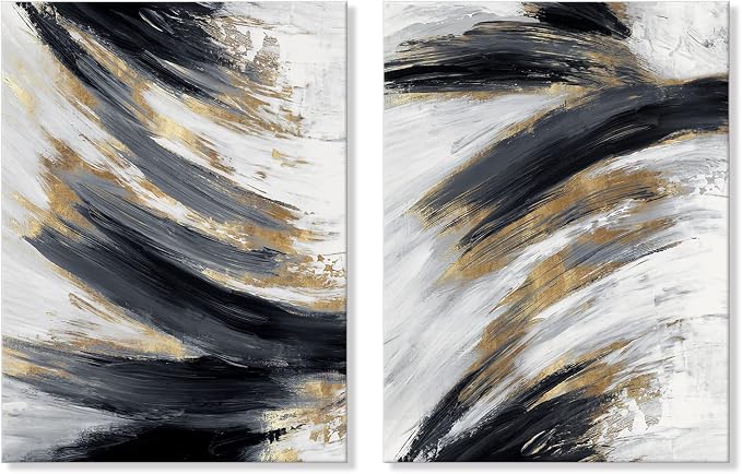 Chadow Artwork 2 pieces Black and Gold Abstract Wall Art 2 Pack Black and White Canvas Wall Decor Modern Framed Artwork for Living Room Bedroom Office Décor Ready to Hang 12"x16"(30cmx40cm)