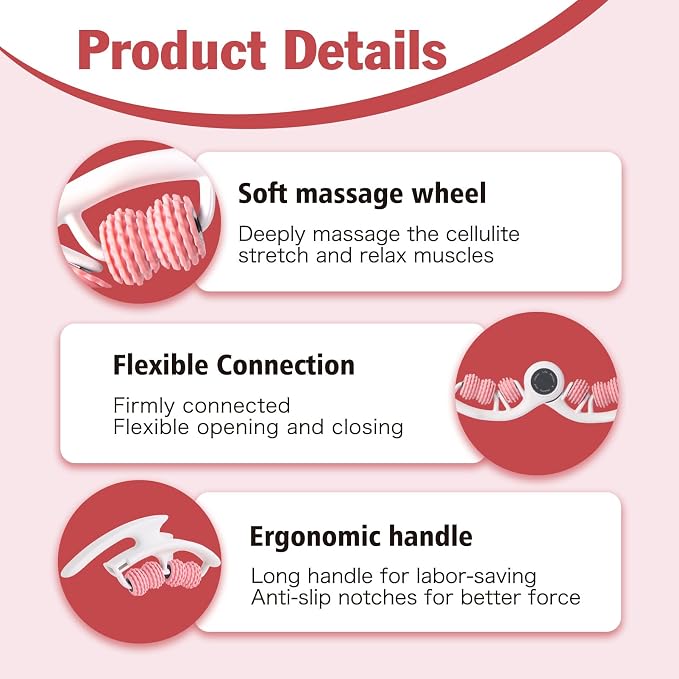 Cellulite Massage Tool Lymphatic Drainage Massager for Thighs & Legs & Buttocks, Anti Cellulite Roller with Detachable Handles Fascia Massage Tool for Contoured & Smoother Skin, White-Pink