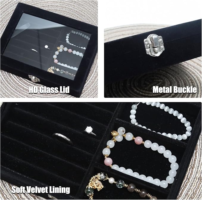 Small Velvet Jewelry Tray with Clear Lid, 2-in-1 Black | Lockable Ring Earring Holder Organizer Storage Box Case Jewelry Box Organizer for Rings Earrings Bracelets Brooches