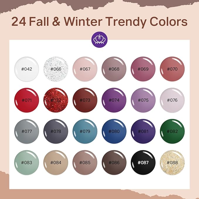 MIZHSE Quick Dry Nail Polish Set, 24 Colors Fall Winter Regular Nail Polish Non Gel, Air Dry Fast Trendy Glitter Bulk Gray Brown Nail Lacquer Oil-based Fingernail Toe Home DIY Gift for Women