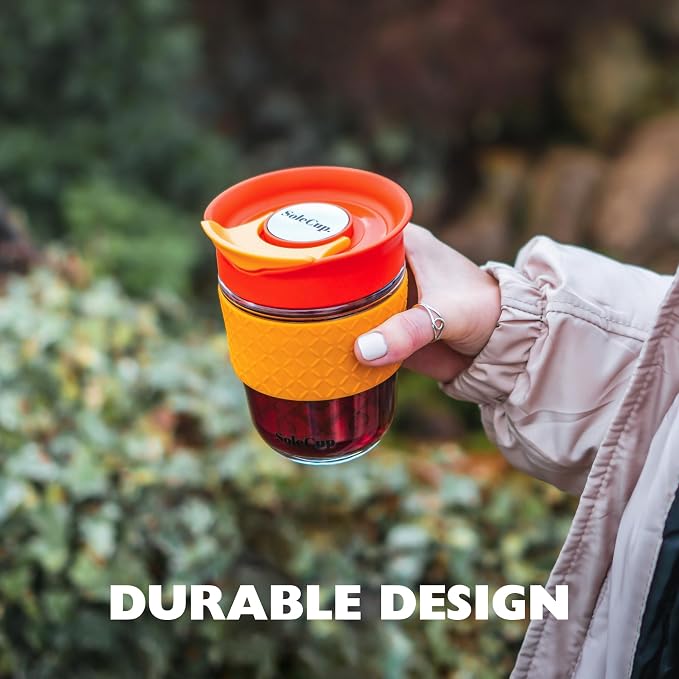 Travel Mug Loose Tea Infuser - Detachable Tea Strainer with Spillproof Lid - BPA-Free Reusable Glass Travel Coffee Cup with Silicone Band (Red, 12oz)
