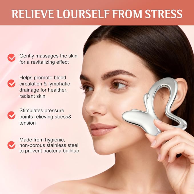 erdnretl Gua Sha & Face Roller, Stainless Steel Gua Sha Facial Tools,Lymphatic Drainage Massager for Face, Eyes,Chin & Jawline Sculpting,Body Gua Sha Tools with Pouch (Light Silver)