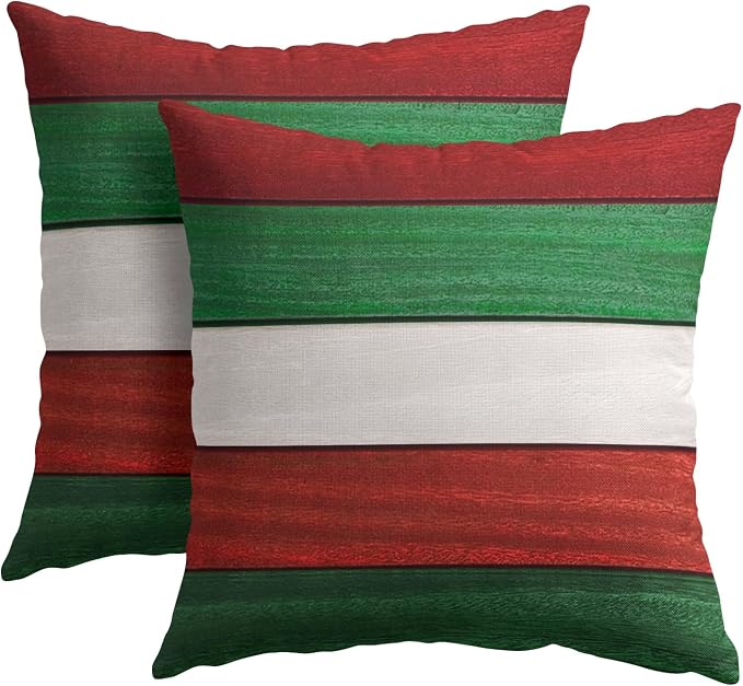 Kawani Vintage Wood Christmas Pillow Covers 20x20 Inches, 2 Pcs Red Green Rustic Wooden Xmas Decorative Pillowcase Cotton Linen Square Cushion Case for for Home Holiday Party Sofa Couch