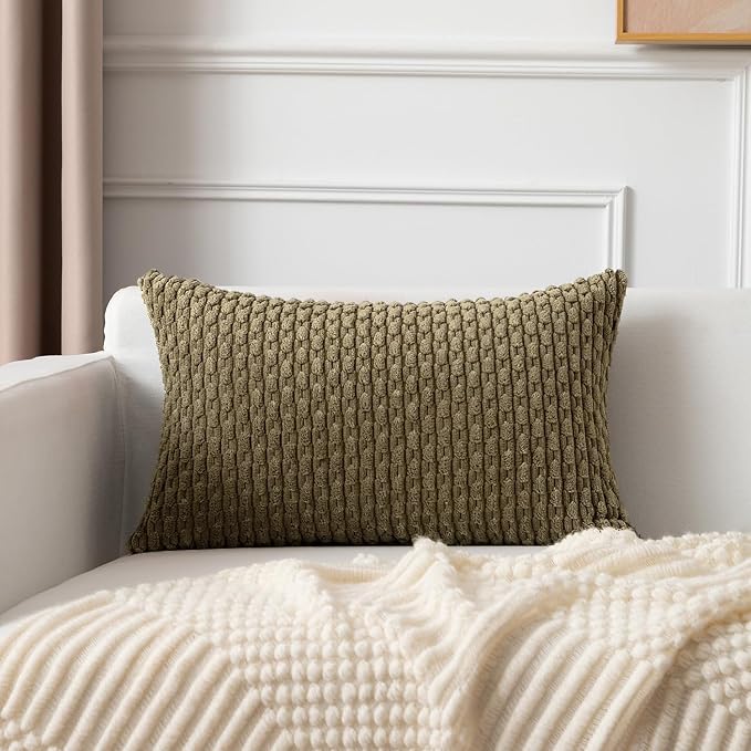 Kevin Textile Soft Corduroy 12"x20" Lumbar Pillow Cover 1 Pack, Olive Green | Boho Stripe Plush Corduroy Decorative Oblong Cushion Cover Modern Farmhouse Home Decor for Sofa Couch Bed Chair