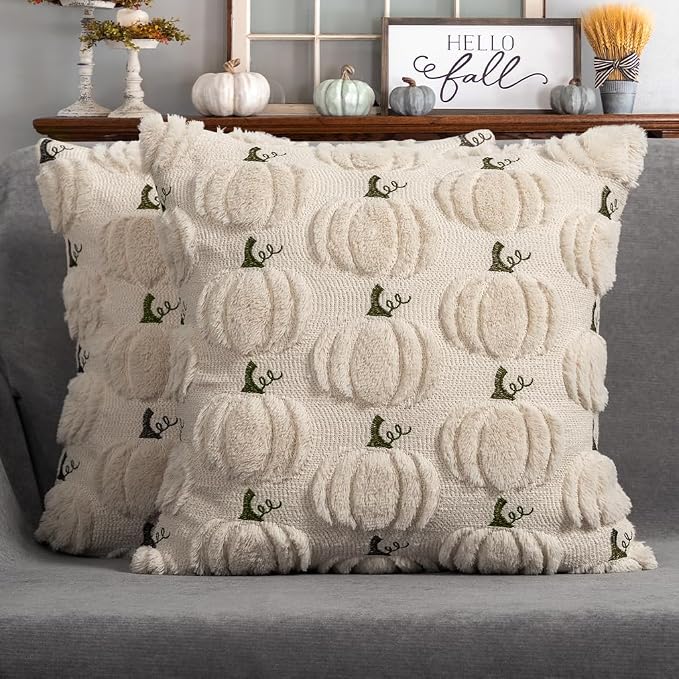Fall Pumpkin Decorative Pillow Covers 20x20 Set of 2, Beige Soft Plush Faux Fur Wool Farmhouse Throw Cushion Cases for Autumn Thanksgiving Holiday Home Decorations