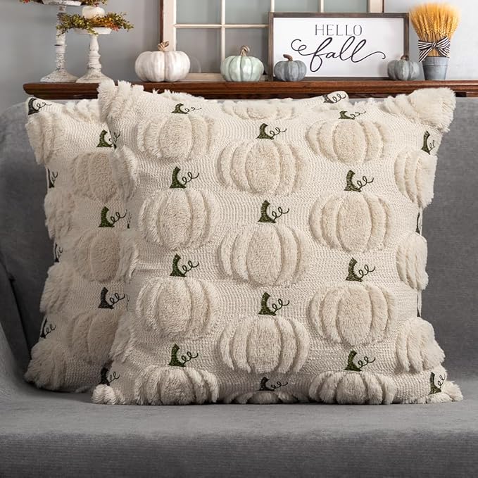 Fall Pumpkin Decorative Pillow Covers 16x16 Set of 2, Beige Soft Plush Faux Fur Wool Farmhouse Throw Cushion Cases for Autumn Thanksgiving Holiday Home Decorations